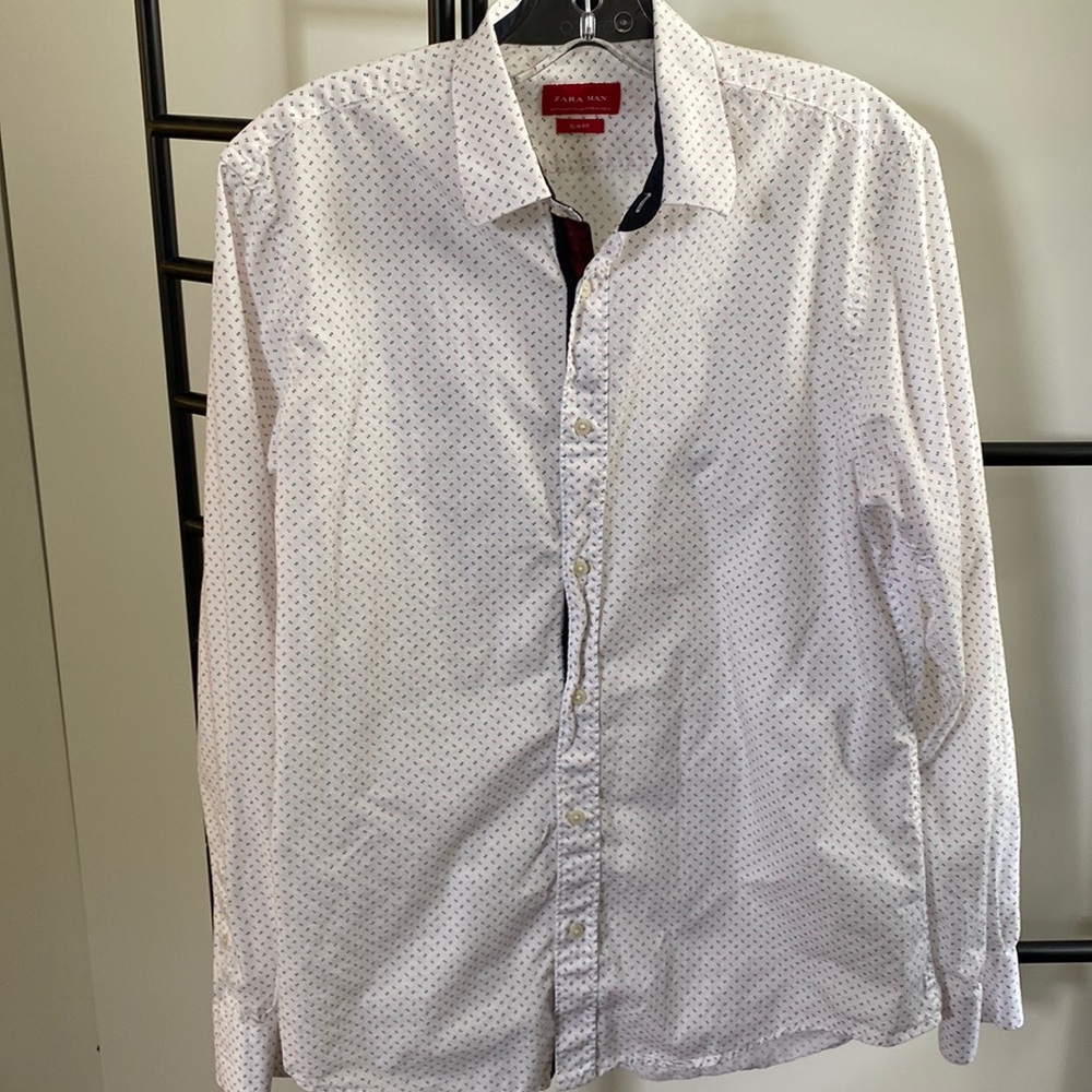 ZARA MAN white print cotton dress casual shirt button/front red blue M